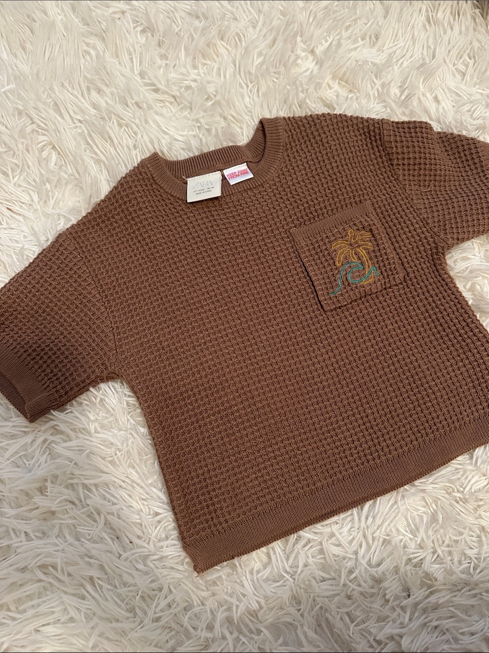 Zara Brown Waffle Knit Tee with Palm Embroidery